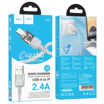 Hoco U129 - Cablu Date si Incarcare, USB la Lightning, 18W, 2.4A, Crystal, 1.2m, Gri - Img 1