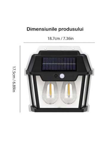 Lampa solara tip felinar 28W Smartix cu 2 Becuri, Acumulator 1200mAh, Senzor 5-8M, Pentru exterior, Suport inclus, Panou solar inclinat, 600 Lumeni, Negru - Img 2