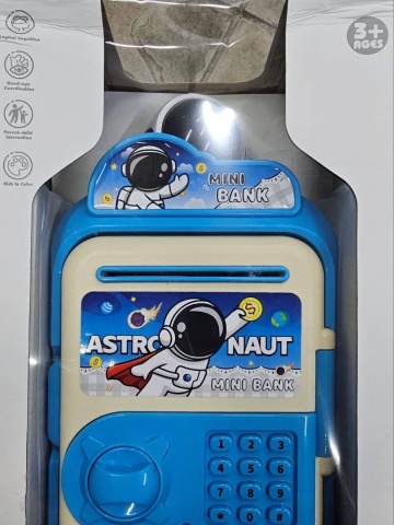 Pusculita Seif pentru Copii, ATM de Jucarie, Cosmonaut Sunete si Lumini, Rulare automata a Bancnotelor, Albastru - Img 1