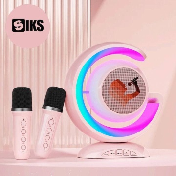 Set 2 Microfoane si boxa pentru Karaoke, Lumina LED, Pentru copii si adulti, Kit 2 in 1, Aparat Portabil, Cu Conectare la Telefon, Roz - Img 4