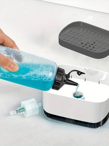 Dozator cu pompa de sapun Smartix, Suport pentru burete spalat vesela 350 ml, Dozator pentru sapun si bucatarie, Alb - Img 3