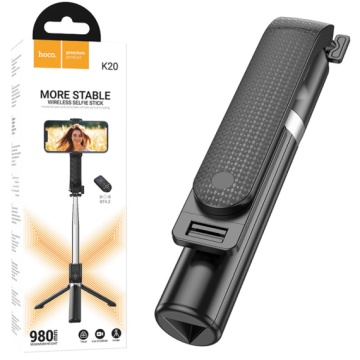 Hoco K20 - Suport Stand, tip Selfie, pentru telefon, 2 in 1, Mini Telescopic, Inox, cu telecomanda BT, Negru - Img 1
