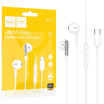 Hoco M123 - Căști cu Fir In-Ear, Type-C, 1.2m, Microfon & Buton Volum, HiFi, Alb - Img 1