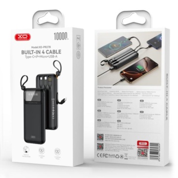 XO PR278 - Baterie externa 10000mAh + Cabluri 4in1, USB-A/USB-C/microUSB/Lightning, afisaj LED, , Negru - Img 1