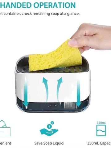 Dozator cu pompa de sapun Smartix, Suport pentru burete spalat vesela 350 ml, Dozator pentru sapun si bucatarie, Alb - Img 4