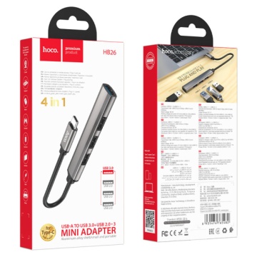 Hoco HB26 - Adaptor OTG Transfer, Type-C la USB 3.0, 3 x USB 2.0, Gri - Img 2