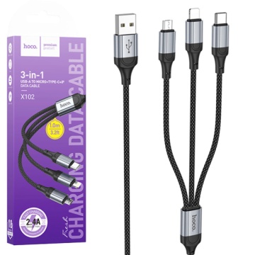 Hoco X102 - Cablu Date si Incarcare, USB la Lightning / MicroUSB / Type-C, 2.4A, 3 in 1, 1m, Negru - Img 1
