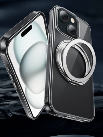 Husa Hoco AS1 - iPhone 15 Plus, MagSafe, Ring Stand, Frosted, Transparent - Img 2