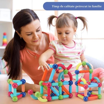 Joc educativ de constructie Magnetic Sticks cu bile si bete magnetice, 64 Piese, Pentru adulti si copii 3+ - Img 4