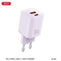 XO L149 – Incarcator retea 18W cu 1xUSB-C si 1xUSB-A 5V 3A, violet - Img 3