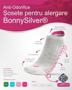 Sosete pentru alergare, cu 5% fir de argint pur, scurte, Bonny Silver 302K, gri cu fucsia