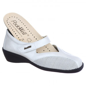 Pantofi confort, piele stretch, PodoWell Saga alb perla brant detasabil