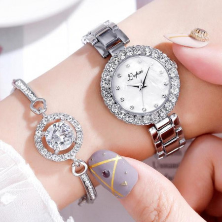 Set ceas de dama Lvpai Crystal argintiu cu o bratara