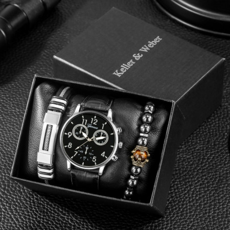 Set cadou cu ceas barbatesc Geneva Royal argintiu si doua bratari elegante