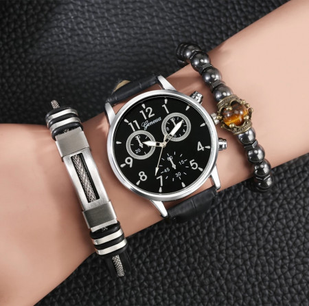 Set cadou cu ceas barbatesc Geneva Royal argintiu si doua bratari elegante
