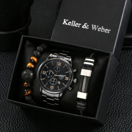 Set cadou cu ceas barbatesc Keller &amp; Weber negru si doua bratari