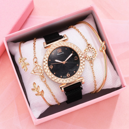 Set cadou cu ceas de dama Rinnandy Afrodita negru si patru bratari elegante