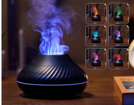 Umidificator cu difuzor de aroma cu flacara falsa 3D lumina de noapte cu 7 culori, difuzor de uleiuri esentiale si ceata rece cu ultrasunete, negru, 130 ml