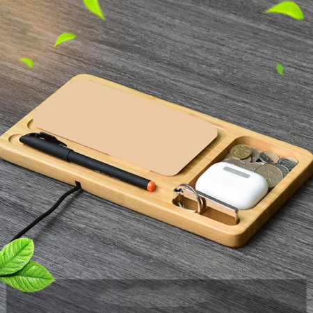Incarcator wireless si organizator de birou din bambus