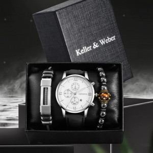 Set cadou cu ceas barbatesc Geneva Royal alb si doua bratari elegante
