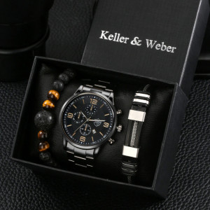 Set cadou cu ceas barbatesc Keller & Weber negru si doua bratari
