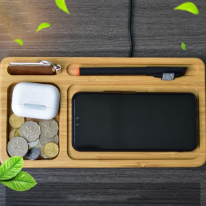 Incarcator wireless si organizator de birou din bambus