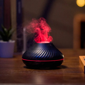 Umidificator cu difuzor de aroma cu flacara falsa 3D lumina de noapte cu 7 culori, difuzor de uleiuri esentiale si ceata rece cu ultrasunete, negru, 130 ml
