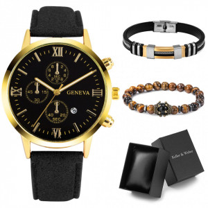 Set cadou cu ceas barbatesc Geneva Royal negru si doua bratari elegante