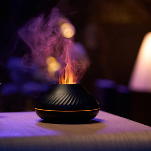 Umidificator cu difuzor de aroma cu flacara falsa 3D lumina de noapte cu 7 culori, difuzor de uleiuri esentiale si ceata rece cu ultrasunete, negru, 130 ml