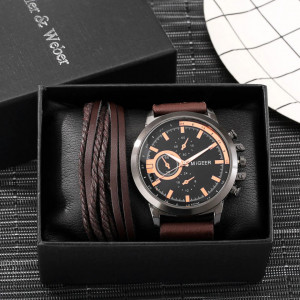 Set cadou cu ceas barbatesc Migeer Casual maro si bratara vintage