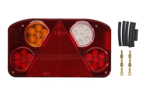 Stop spate stanga (LED, 12/24V, cu intermitent, cu lumina de ceata, lumina de marșarier, cu lumina stop, lumini parcare, reflector triunghiular)