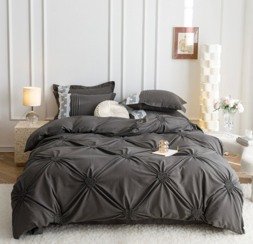 Lenjerie de pat cu pliuri BRODATE din FINET Soft Touch pentru 2 persoane, 6 piese , cod produs H21-749