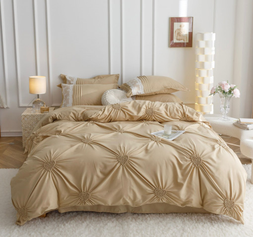Lenjerie de pat cu pliuri BRODATE din FINET Soft Touch pentru 2 persoane, 6 piese , cod produs H21-746