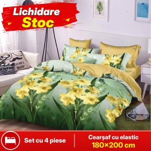 Lenjerie de pat FINET pentru 2 persoane, 4 piese, cearsaf cu Elastic, cod produs H21-11927