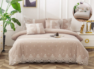 Lenjerie pat dublu Bumbac, cu Dantela si Broderie, Cearsaf Cu Elastic, 6 piese, cod produs H21-3920