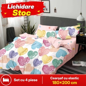 Lenjerie de pat FINET pentru 2 persoane, 4 piese, cearsaf cu Elastic, cod produs H21-11933