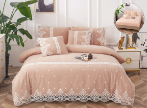 Lenjerie pat dublu Bumbac, cu Dantela si Broderie, Cearsaf Cu Elastic, 6 piese, cod produs H21-3924