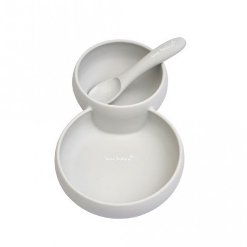 Set 2 in 1 Farfurie cu Bol si Lingurita din Silicon Twin Gri