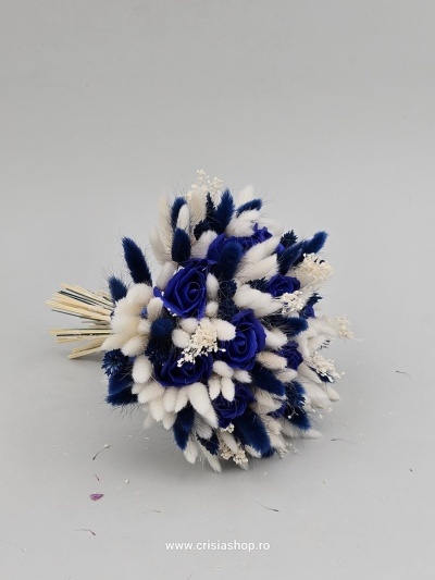 Buchet mireasa flori uscate, albastru cu ivory - Img 2