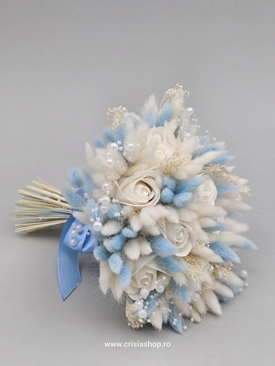 Buchet mireasa flori uscate, bleo cu ivory