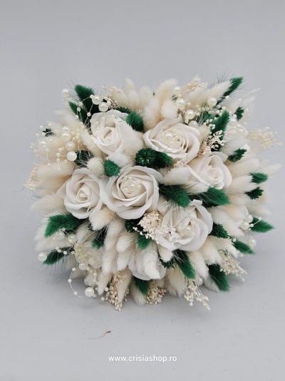 Buchet mireasa flori uscate, forest green & ivory - Img 1