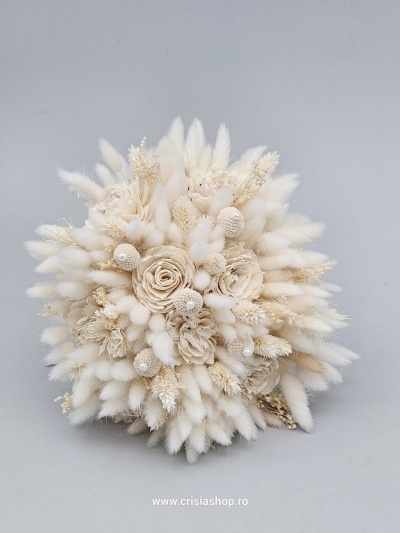 Buchet mireasa flori uscate, ivory cu trandafiri crem - Img 2