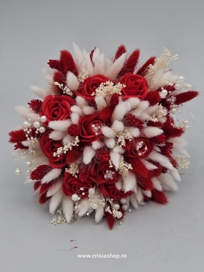 Buchet mireasa flori uscate, ivory & double red - Img 1