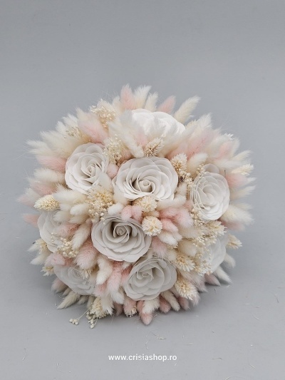 Buchet mireasa flori uscate, rose cu ivory - Img 3