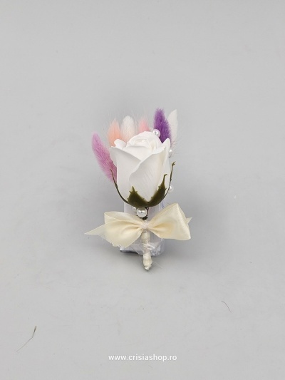 Floare nunta, trandafir ivory, lagurus crem, roz, lila
