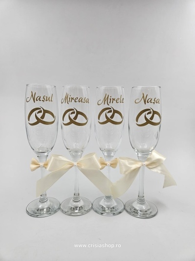 Pahare pentru miri si nasi, inscriptionate auriu, funda ivory