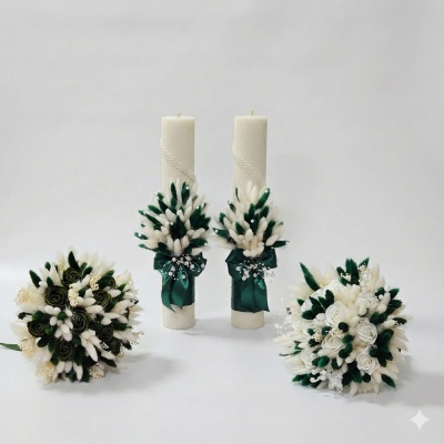 Set Lumanari cununie si buchete verde smarald