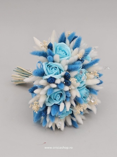 Buchet mireasa flori uscate, blue lagoon & ivory - Img 2