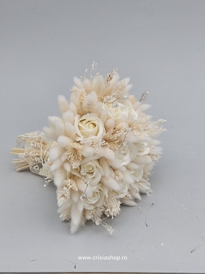 Buchet mireasa flori uscate, full ivory 2 - Img 2