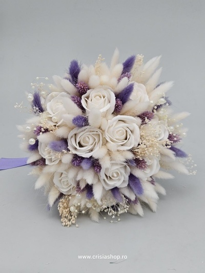 Buchet mireasa flori uscate, ivory cu light lila